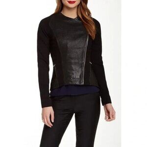 Ted Baker London Black Genuine Leather Fabric Contrast Meyaa Moto Jacket 8